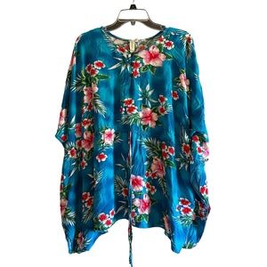 Sunny Island Hawaiian Shirt Womens OS Blue Floral Kaftan Adjustable Top Blouse